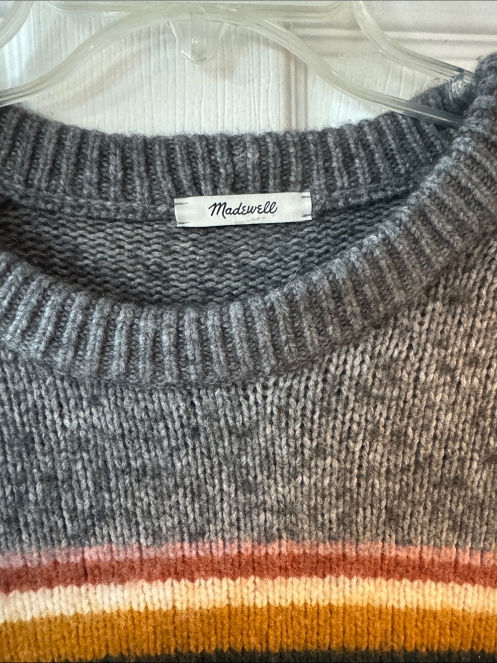 Madewell Gray Crewneck Sweater with Mustard, Green & Rust Stripes - Picture 2 of 7